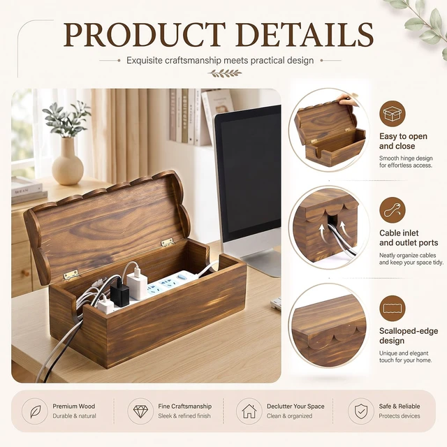 Alt view image 4 of 6 - 2 Pcs Wooden Cable Management Box Scalloped Edge | Wood Cord Cable Organizer Box with Lid, 2 Open Slots Cord Basket for Power Strips & TV Wires, Desk, Floor, Office