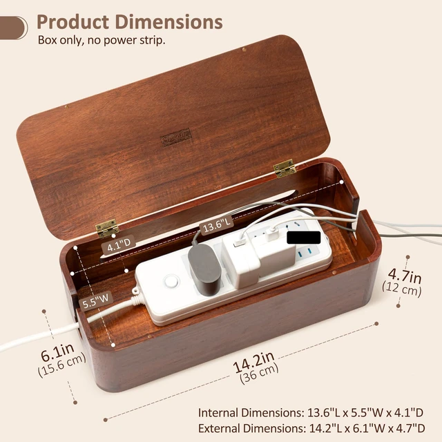 Alt view image 3 of 7 - Large Acacia Wood Cable Management Box - Cord Hider&Organizer for TV Wires | Power Strip, Electrical Hiding, Desk & Floor Cables - Solution Wire Storage Solution for Office, Living Room, Bedroom