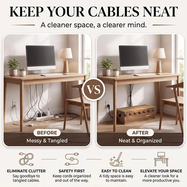 Alt view image 2 of 6 - 2 Pcs Wooden Cable Management Box Scalloped Edge | Wood Cord Cable Organizer Box with Lid, 2 Open Slots Cord Basket for Power Strips & TV Wires, Desk, Floor, Office