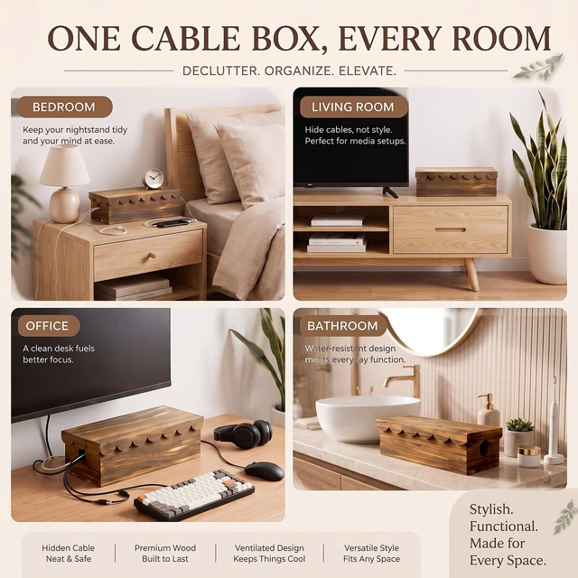 Alt view image 6 of 6 - 2 Pcs Wooden Cable Management Box Scalloped Edge | Wood Cord Cable Organizer Box with Lid, 2 Open Slots Cord Basket for Power Strips & TV Wires, Desk, Floor, Office