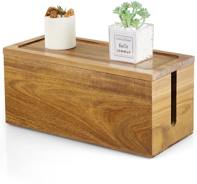 Main image of Cable Management Box Medium, Acacia Wooden Cord Organizer Box for Desk, Floor, Office to Hide Extension Cords Power Stripes Surge Protectors Chargers Wires