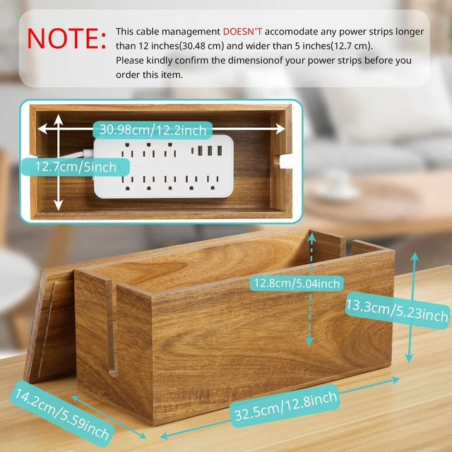 Alt view image 2 of 7 - Cable Management Box Medium, Acacia Wooden Cord Organizer Box for Desk, Floor, Office to Hide Extension Cords Power Stripes Surge Protectors Chargers Wires