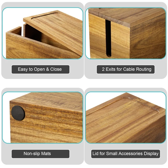 Alt view image 3 of 7 - Cable Management Box Medium, Acacia Wooden Cord Organizer Box for Desk, Floor, Office to Hide Extension Cords Power Stripes Surge Protectors Chargers Wires