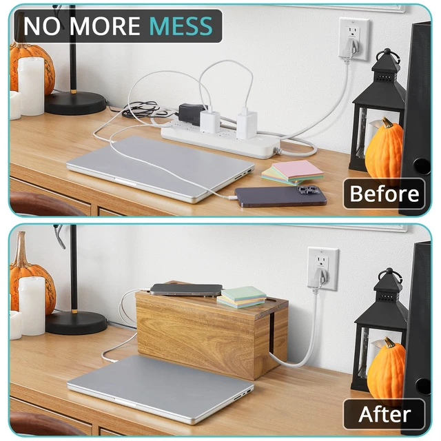 Alt view image 4 of 7 - Cable Management Box Medium, Acacia Wooden Cord Organizer Box for Desk, Floor, Office to Hide Extension Cords Power Stripes Surge Protectors Chargers Wires