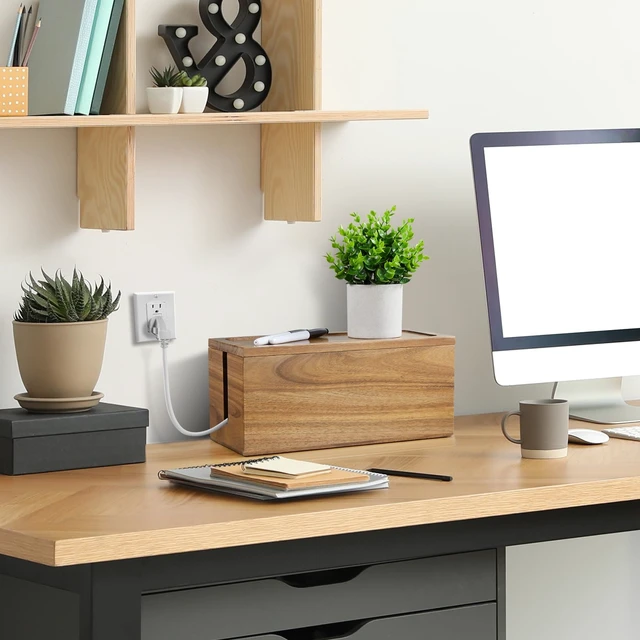 Alt view image 5 of 7 - Cable Management Box Medium, Acacia Wooden Cord Organizer Box for Desk, Floor, Office to Hide Extension Cords Power Stripes Surge Protectors Chargers Wires