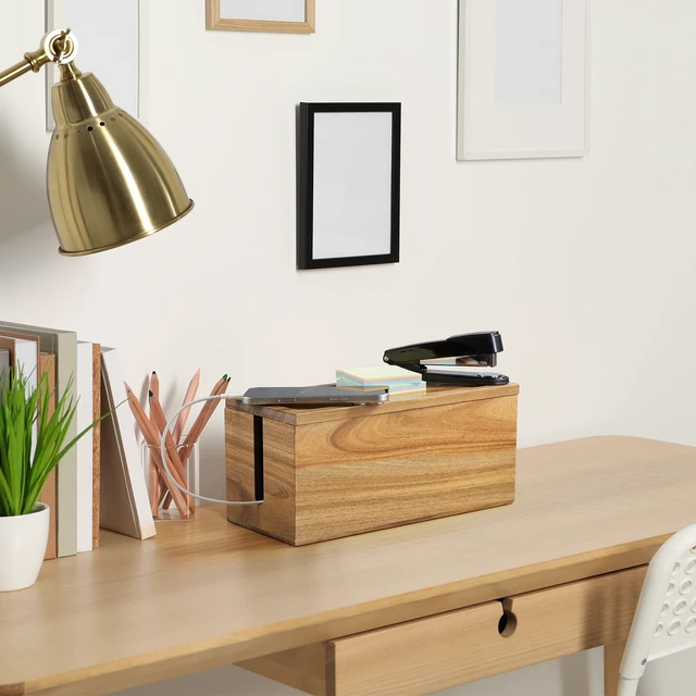 Alt view image 7 of 7 - Cable Management Box Medium, Acacia Wooden Cord Organizer Box for Desk, Floor, Office to Hide Extension Cords Power Stripes Surge Protectors Chargers Wires
