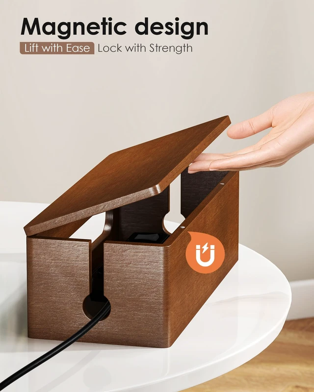 Alt view image 3 of 7 - Solid Wood Cable Management Box, Walnut Color, 14.2 x 6.1 x 4.1 | Magnetic Closure, For Power Strip & Wire Storage, Cord Organizer, Hide Cords, Home Office Decor,Cable Organizer Box