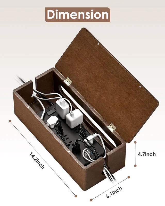 Alt view image 5 of 7 - Solid Wood Cable Management Box, Walnut Color, 14.2 x 6.1 x 4.1 | Magnetic Closure, For Power Strip & Wire Storage, Cord Organizer, Hide Cords, Home Office Decor,Cable Organizer Box