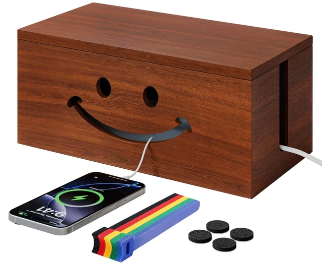 Main image of Solid Wood Cable Management Box, Cute Smile Cord Hider Box for Desk | Extra Roomy Cord Organizer Box Fits Large Power Strips & Bulky Chargers, Ventilated, Magnetic Lid Cover, 25 Cable Straps