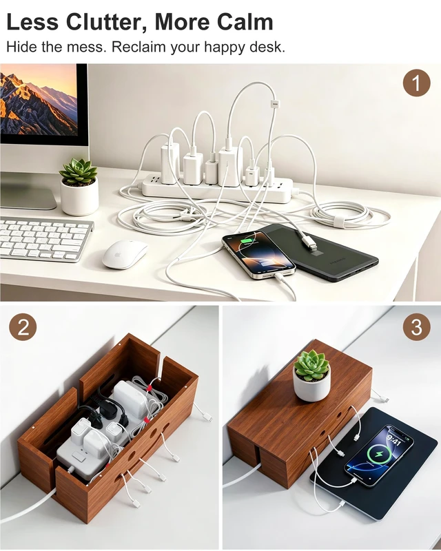 Alt view image 2 of 7 - Solid Wood Cable Management Box, Cute Smile Cord Hider Box for Desk | Extra Roomy Cord Organizer Box Fits Large Power Strips & Bulky Chargers, Ventilated, Magnetic Lid Cover, 25 Cable Straps
