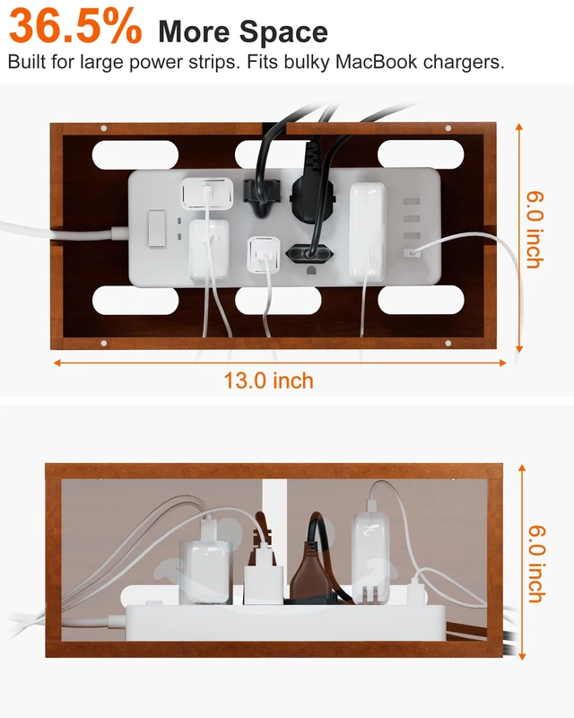 Alt view image 3 of 7 - Solid Wood Cable Management Box, Cute Smile Cord Hider Box for Desk | Extra Roomy Cord Organizer Box Fits Large Power Strips & Bulky Chargers, Ventilated, Magnetic Lid Cover, 25 Cable Straps