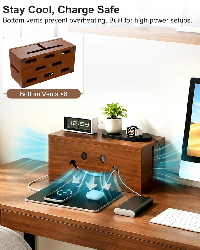 Alt view image 6 of 7 - Solid Wood Cable Management Box, Cute Smile Cord Hider Box for Desk | Extra Roomy Cord Organizer Box Fits Large Power Strips & Bulky Chargers, Ventilated, Magnetic Lid Cover, 25 Cable Straps