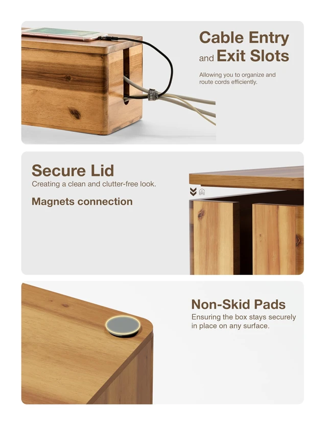 Alt view image 3 of 7 - 16" L Wooden Cable Management Box Round Edge, Magnetic Lid, Large | 2 Cable Entry Slots, Magnetic Lid, Non-Skid Pads, Wooden Cable Organizer Box, Power Strip Hider Cable Storage Box for Office