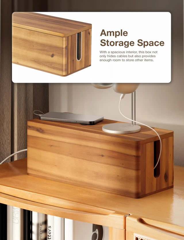 Alt view image 4 of 7 - 16" L Wooden Cable Management Box Round Edge, Magnetic Lid, Large | 2 Cable Entry Slots, Magnetic Lid, Non-Skid Pads, Wooden Cable Organizer Box, Power Strip Hider Cable Storage Box for Office