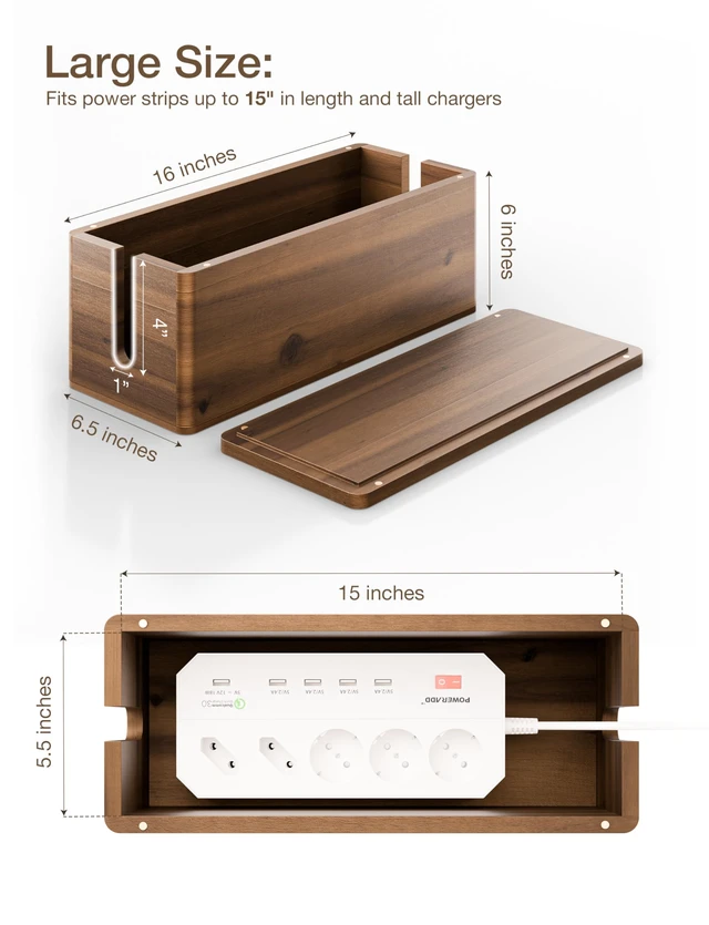 Alt view image 2 of 6 - 16" L Wooden Large Cable Management Box Round Edge (Walnut Color) | 2 Cable Entry Slots, Magnetic Lid, Non-Skid Pads, Solid Acacia Wood, Wooden Power Strip Box, Surge Protector Box