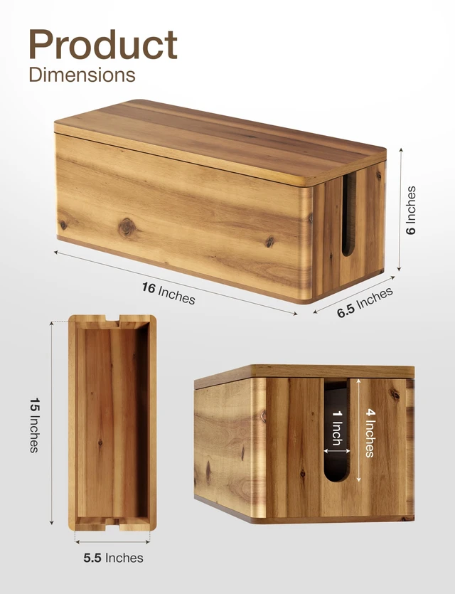 Alt view image 2 of 7 - 16" L Wooden Cable Management Box Round Edge, Magnetic Lid, Large | 2 Cable Entry Slots, Magnetic Lid, Non-Skid Pads, Wooden Cable Organizer Box, Power Strip Hider Cable Storage Box for Office