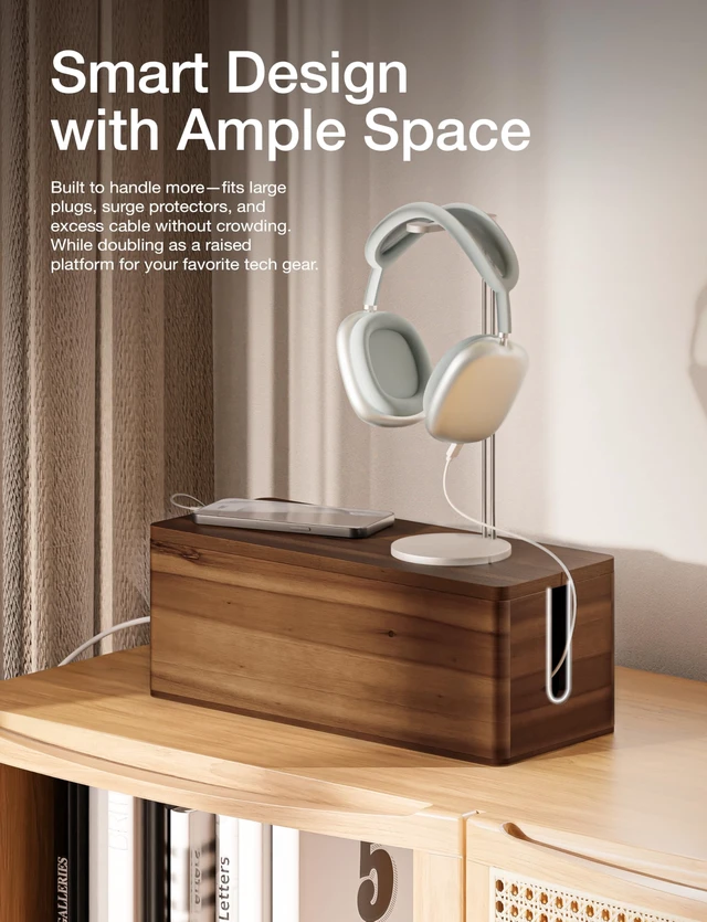 Alt view image 4 of 6 - 16" L Wooden Large Cable Management Box Round Edge (Walnut Color) | 2 Cable Entry Slots, Magnetic Lid, Non-Skid Pads, Solid Acacia Wood, Wooden Power Strip Box, Surge Protector Box