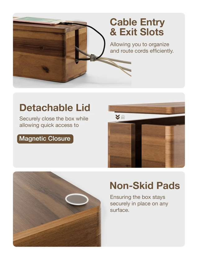 Alt view image 3 of 6 - 16" L Wooden Large Cable Management Box Round Edge (Walnut Color) | 2 Cable Entry Slots, Magnetic Lid, Non-Skid Pads, Solid Acacia Wood, Wooden Power Strip Box, Surge Protector Box