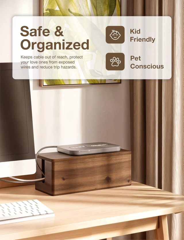 Alt view image 5 of 6 - 16" L Wooden Large Cable Management Box Round Edge (Walnut Color) | 2 Cable Entry Slots, Magnetic Lid, Non-Skid Pads, Solid Acacia Wood, Wooden Power Strip Box, Surge Protector Box