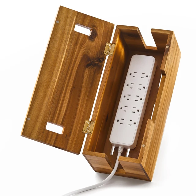 Alt view image 2 of 7 - Large Acacia Wood Cable Management Box, Power Strip Cord Organizer | 3 open slots make this cable organizer ideal for concealing TV, computer, router and USB hub wires under desks or media units