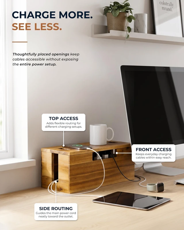 Alt view image 5 of 7 - Large Acacia Wood Cable Management Box, Power Strip Cord Organizer | 3 open slots make this cable organizer ideal for concealing TV, computer, router and USB hub wires under desks or media units