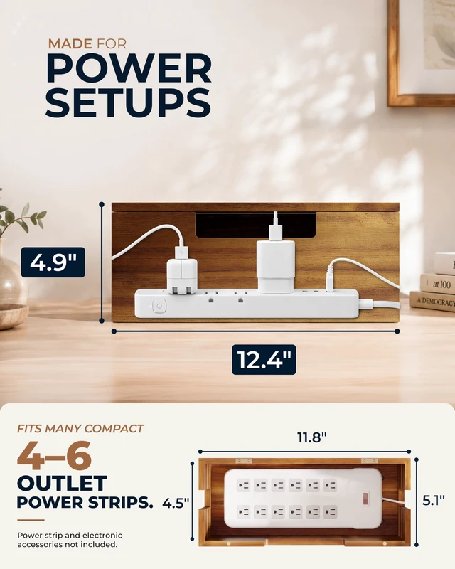 Alt view image 3 of 7 - Large Acacia Wood Cable Management Box, Power Strip Cord Organizer | 3 open slots make this cable organizer ideal for concealing TV, computer, router and USB hub wires under desks or media units