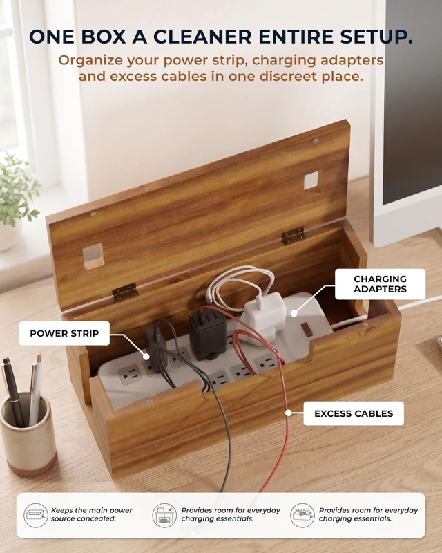 Alt view image 6 of 7 - Large Acacia Wood Cable Management Box, Power Strip Cord Organizer | 3 open slots make this cable organizer ideal for concealing TV, computer, router and USB hub wires under desks or media units