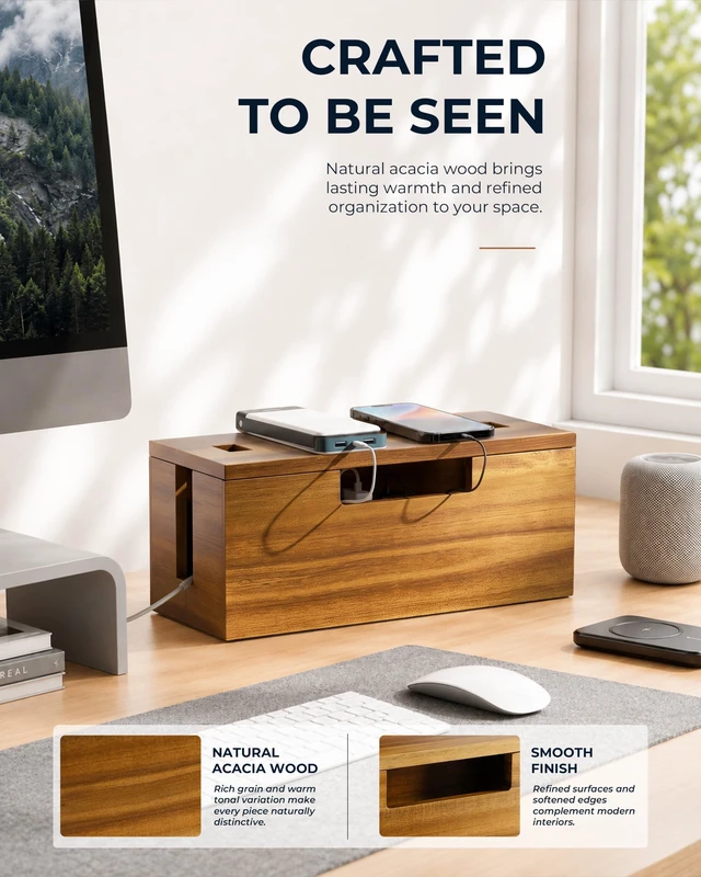 Alt view image 4 of 7 - Large Acacia Wood Cable Management Box, Power Strip Cord Organizer | 3 open slots make this cable organizer ideal for concealing TV, computer, router and USB hub wires under desks or media units