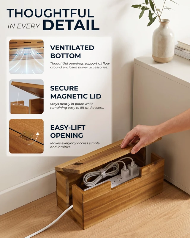 Alt view image 7 of 7 - Large Acacia Wood Cable Management Box, Power Strip Cord Organizer | 3 open slots make this cable organizer ideal for concealing TV, computer, router and USB hub wires under desks or media units