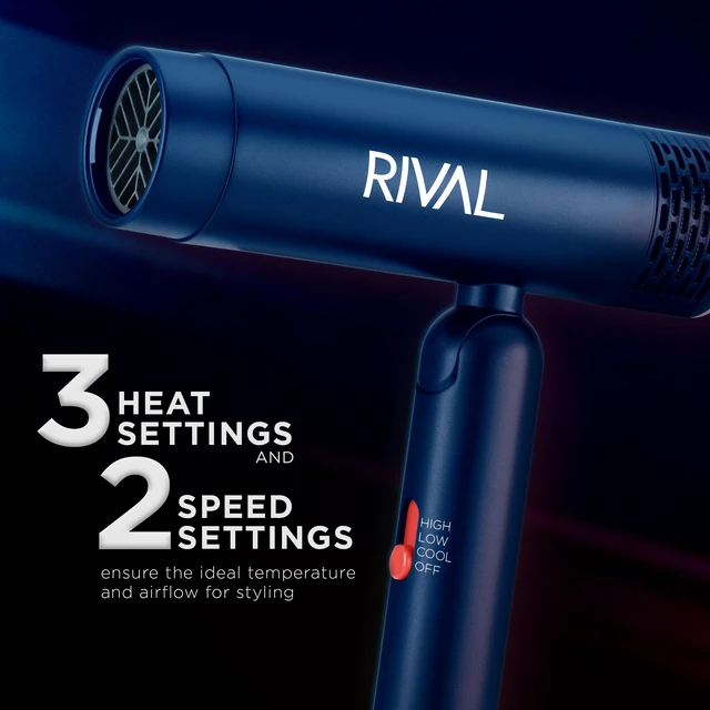 Alt view image 2 of 7 - Rival Foldable Hair Dryer, 3 Heat & 2 Speed, Ionic Ceramic | Foldable Lightweight Design, 3 heat/2 Speed Settings, Concentrator & Diffuser, Removable filter, 9-ft cord