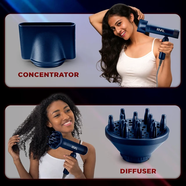 Alt view image 4 of 7 - Rival Foldable Hair Dryer, 3 Heat & 2 Speed, Ionic Ceramic | Foldable Lightweight Design, 3 heat/2 Speed Settings, Concentrator & Diffuser, Removable filter, 9-ft cord
