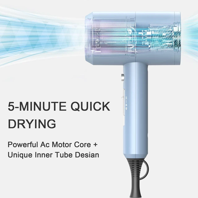 Alt view image 2 of 6 - Professional Ionic Hair Dryer, Powerful 1800W Fast Drying Low Noise Blow Dryer with 2 Concentrator Nozzle 1 Diffuser Attachments for Home Salon Travel (Matte Blue)