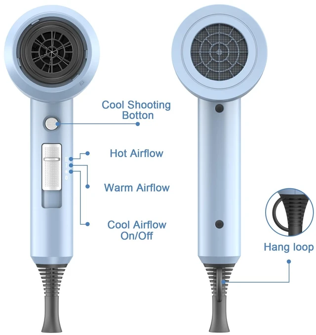 Alt view image 4 of 6 - Professional Ionic Hair Dryer, Powerful 1800W Fast Drying Low Noise Blow Dryer with 2 Concentrator Nozzle 1 Diffuser Attachments for Home Salon Travel (Matte Blue)