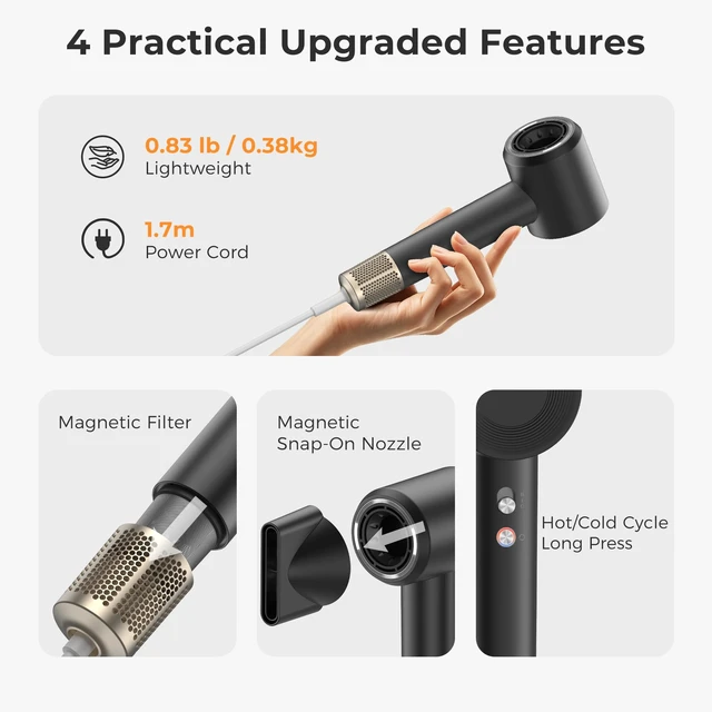 Alt view image 7 of 7 - Hair Dryer, High Speed Ionic Blow Dryer, Concentrator, Black | 1600W, 110,000 RPM , 200M Negative Ions, 8 Modes & 2 Airspeeds, Low Noise,anti-Fizz, Lightweight, Blow Dryer for Women/Travel
