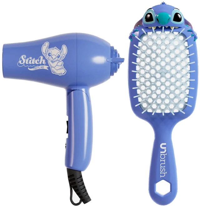 Main image of Disney Stitch UNbrush & Mini Dryer Travel Set | 105 DuoFlex Anti-Static Bristles, Wet & Dry Use, 1200W Foldable Mini Dryer, Soft-Touch Finish