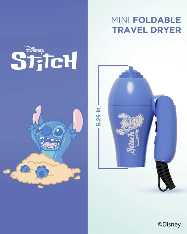 Alt view image 2 of 7 - Disney Stitch UNbrush & Mini Dryer Travel Set | 105 DuoFlex Anti-Static Bristles, Wet & Dry Use, 1200W Foldable Mini Dryer, Soft-Touch Finish
