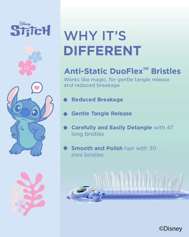 Alt view image 4 of 7 - Disney Stitch UNbrush & Mini Dryer Travel Set | 105 DuoFlex Anti-Static Bristles, Wet & Dry Use, 1200W Foldable Mini Dryer, Soft-Touch Finish