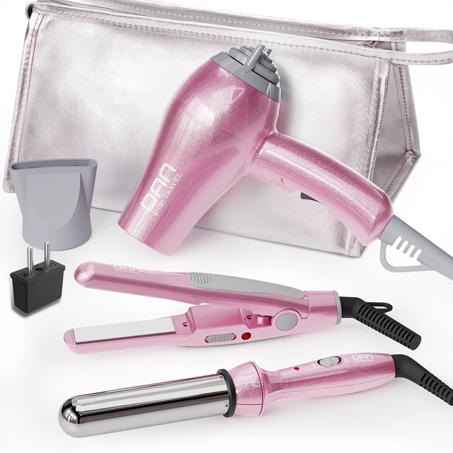 Main image of Hair Styling Set, Including Travel Hair Dryer, Mini Flat Iron, and Travel Curling Iron with European Plug, Dual Voltage, Portable Storage Bag, Pink