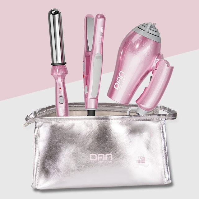 Alt view image 5 of 6 - Hair Styling Set, Including Travel Hair Dryer, Mini Flat Iron, and Travel Curling Iron with European Plug, Dual Voltage, Portable Storage Bag, Pink
