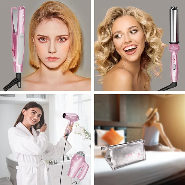 Alt view image 6 of 6 - Hair Styling Set, Including Travel Hair Dryer, Mini Flat Iron, and Travel Curling Iron with European Plug, Dual Voltage, Portable Storage Bag, Pink
