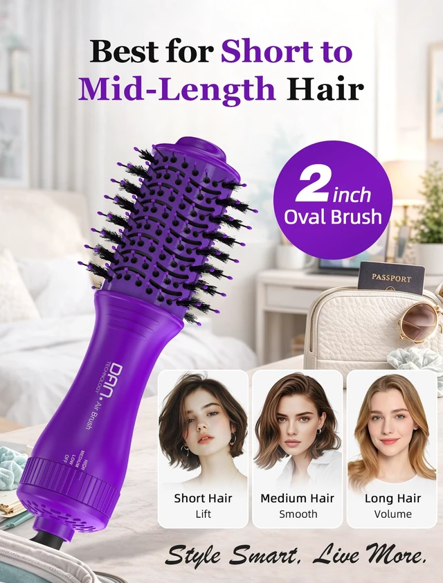 Alt view image 3 of 7 - Mini Travel Ceramic Blow Dryer Brush for Short to Medium Hair, 2 Inch Oval Styling Hot Air Brush with 3 Heat Settings, Lightweight Volumizing & Smoothing Tool, 120V, Purple