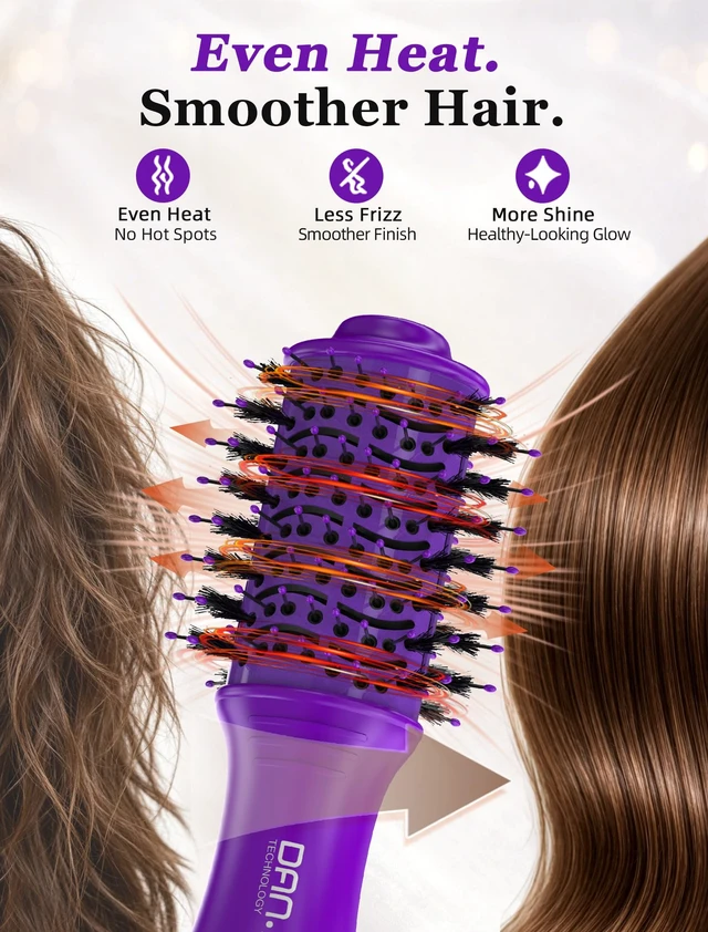 Alt view image 4 of 7 - Mini Travel Ceramic Blow Dryer Brush for Short to Medium Hair, 2 Inch Oval Styling Hot Air Brush with 3 Heat Settings, Lightweight Volumizing & Smoothing Tool, 120V, Purple