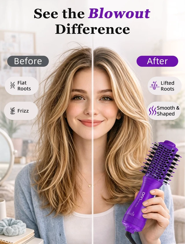 Alt view image 2 of 7 - Mini Travel Ceramic Blow Dryer Brush for Short to Medium Hair, 2 Inch Oval Styling Hot Air Brush with 3 Heat Settings, Lightweight Volumizing & Smoothing Tool, 120V, Purple