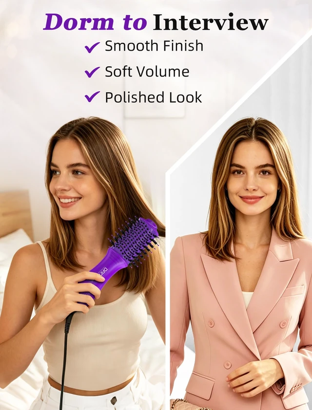 Alt view image 6 of 7 - Mini Travel Ceramic Blow Dryer Brush for Short to Medium Hair, 2 Inch Oval Styling Hot Air Brush with 3 Heat Settings, Lightweight Volumizing & Smoothing Tool, 120V, Purple