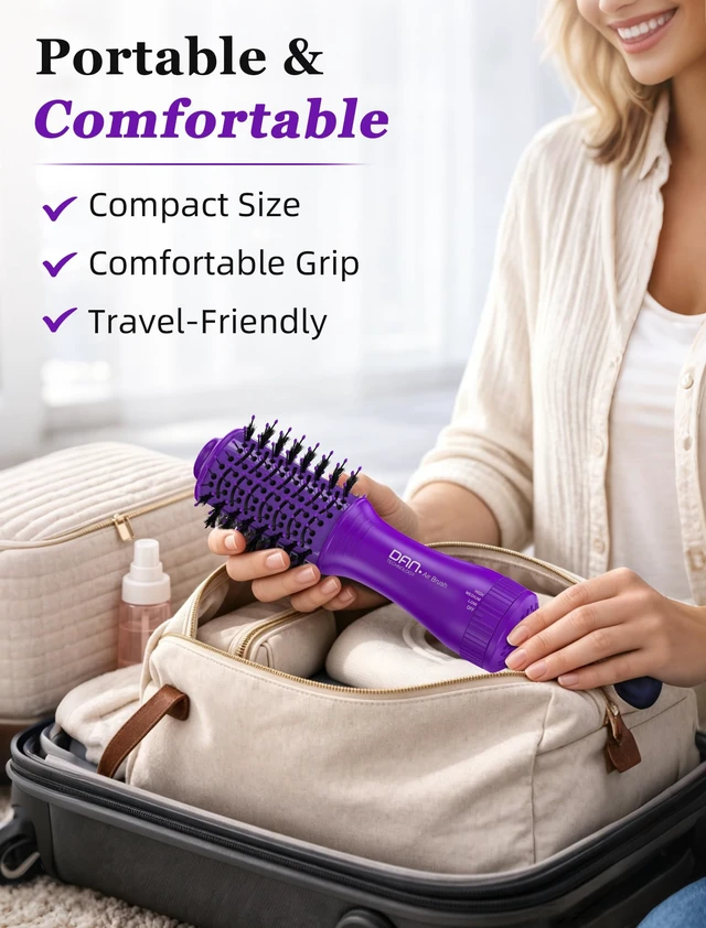 Alt view image 7 of 7 - Mini Travel Ceramic Blow Dryer Brush for Short to Medium Hair, 2 Inch Oval Styling Hot Air Brush with 3 Heat Settings, Lightweight Volumizing & Smoothing Tool, 120V, Purple