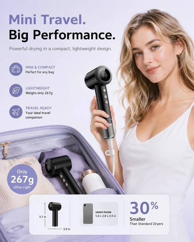 Alt view image 2 of 7 - Mini Hair Dryer, Ultra Lightweight 0.59lb Small Travel Blow Dryer with 500M Negative Ions & NTC Heat Control, 110,000 RPM Brushless Motor High Speed Ionic Hair Dryers Digital Display, Compact