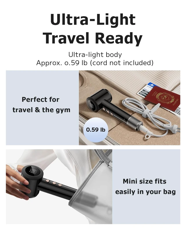 Alt view image 3 of 7 - Mini Hair Dryer, Ultra Lightweight 0.59lb Small Travel Blow Dryer with 500M Negative Ions & NTC Heat Control, 110,000 RPM Brushless Motor High Speed Ionic Hair Dryers Digital Display, Compact