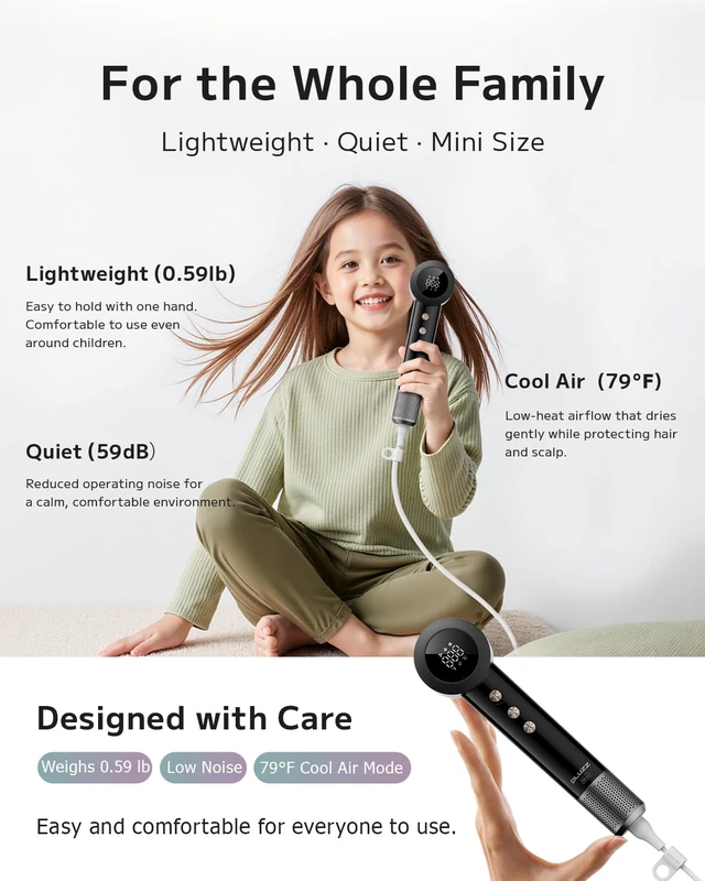 Alt view image 6 of 7 - Mini Hair Dryer, Ultra Lightweight 0.59lb Small Travel Blow Dryer with 500M Negative Ions & NTC Heat Control, 110,000 RPM Brushless Motor High Speed Ionic Hair Dryers Digital Display, Compact