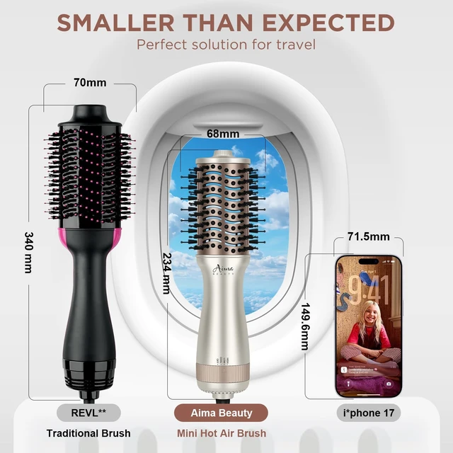 Alt view image 3 of 7 - Small Auto Dual Voltage Hair Dryer Brush with Cool Shot | Travel 2 Inch Hot Air Brush Anti-Frizz Negative Ionic Lift Root Volumizing/Smoothing/Straightening Hair