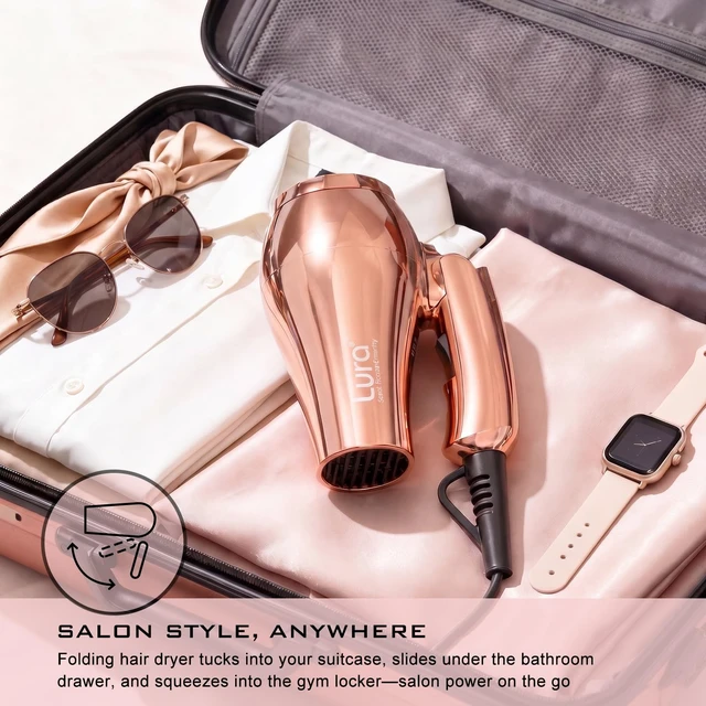 Alt view image 6 of 6 - Small Auto Dual Voltage Travel Hair Dryer Foldable with Diffuser for Women | 1200W Mini Compact Lightweight Portable Blow Dryer with EU Plug for Men,100-240V Europe Kids Travel Essentials (Rose Gold)